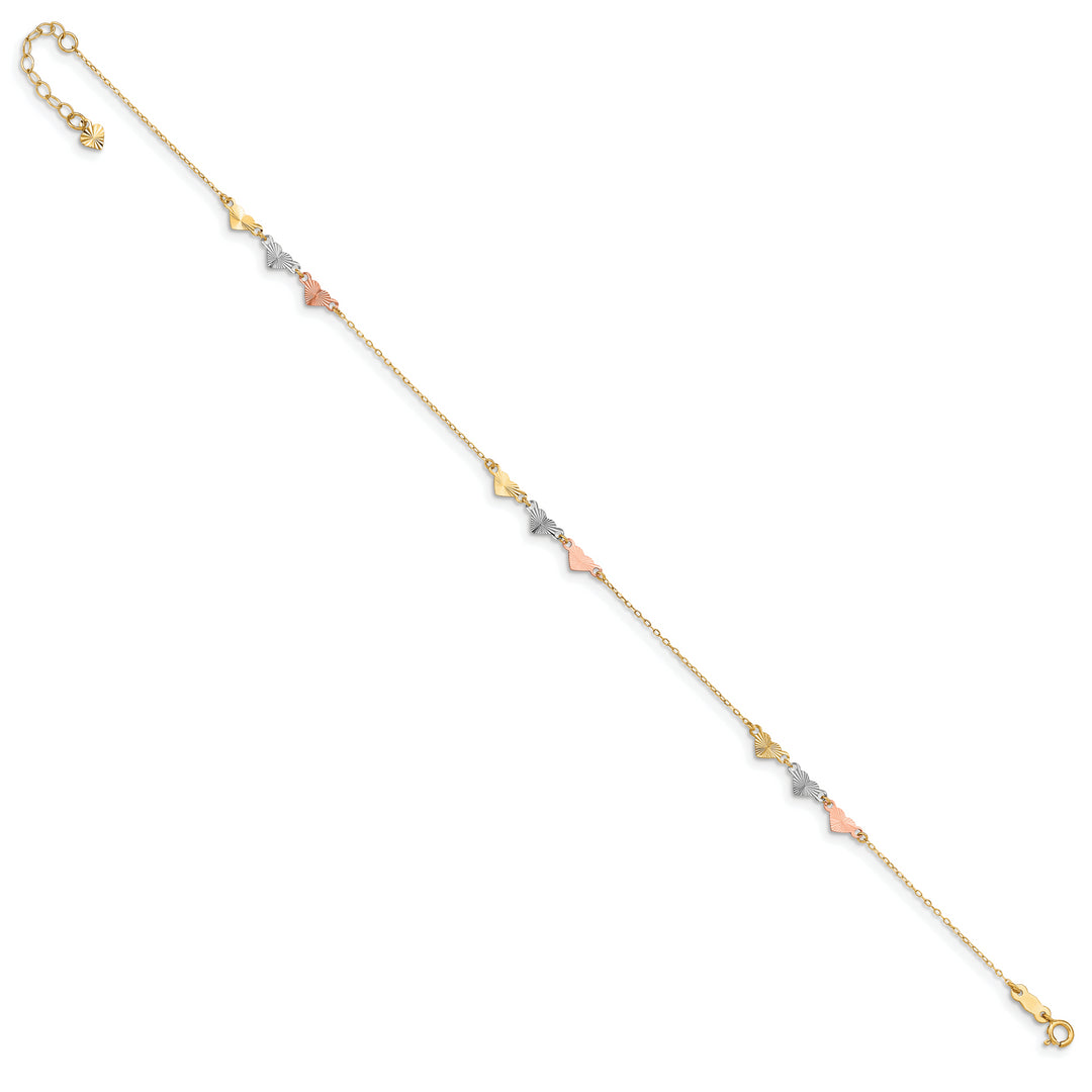 Tobillera de Corazones Tri-Color con Corte Diamante 14K de 9 Pulgadas más 1 Pulgada de Extensión