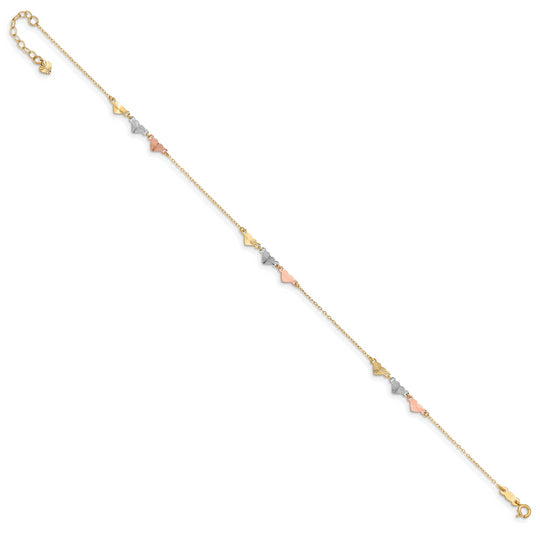 Tobillera de Corazones Tri-Color con Corte Diamante 14K de 9 Pulgadas más 1 Pulgada de Extensión