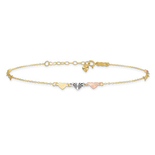Tobillera de Corazones Tri-Color con Corte Diamante 14K de 9 Pulgadas más 1 Pulgada de Extensión
