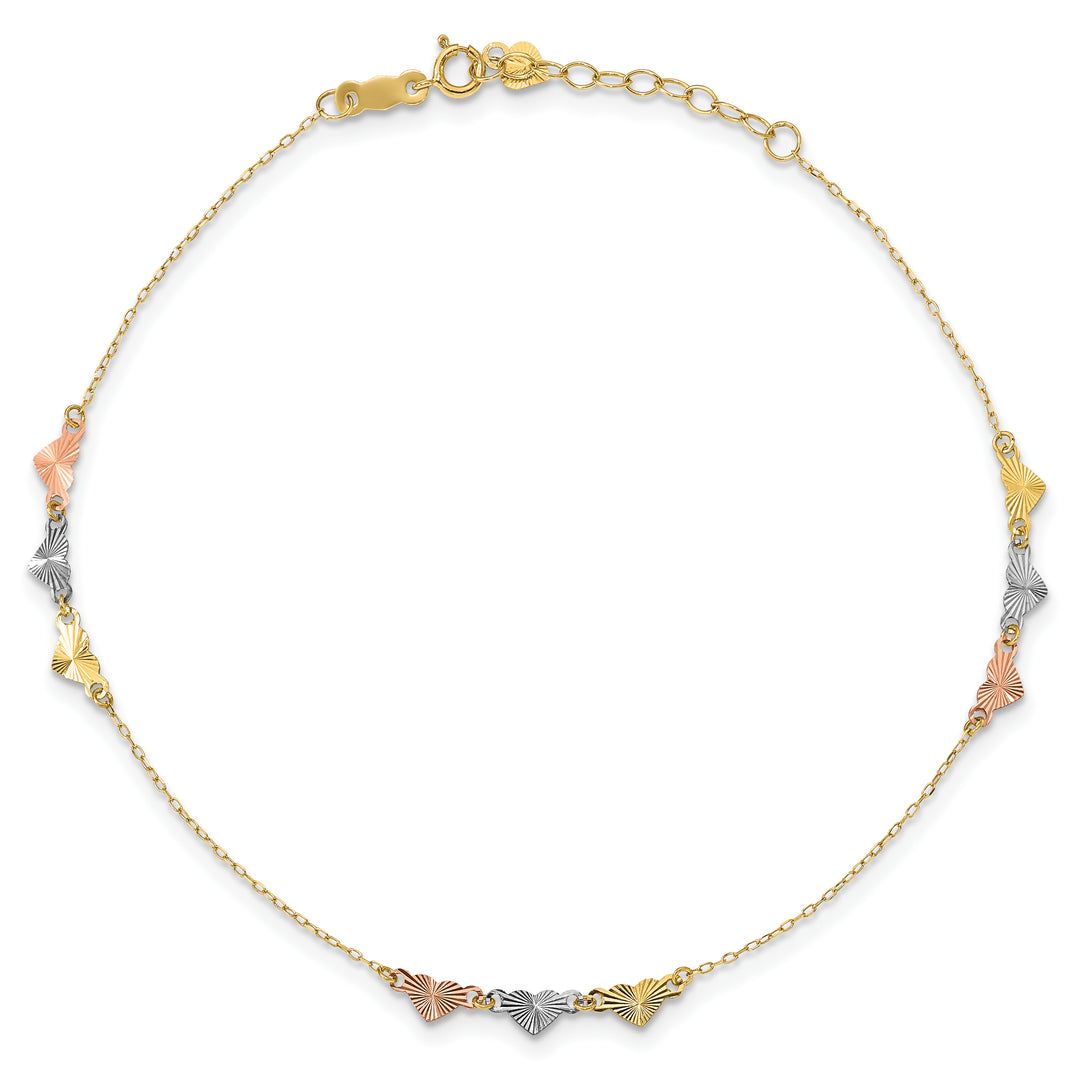 Tobillera de Corazones Tri-Color con Corte Diamante 14K de 9 Pulgadas más 1 Pulgada de Extensión