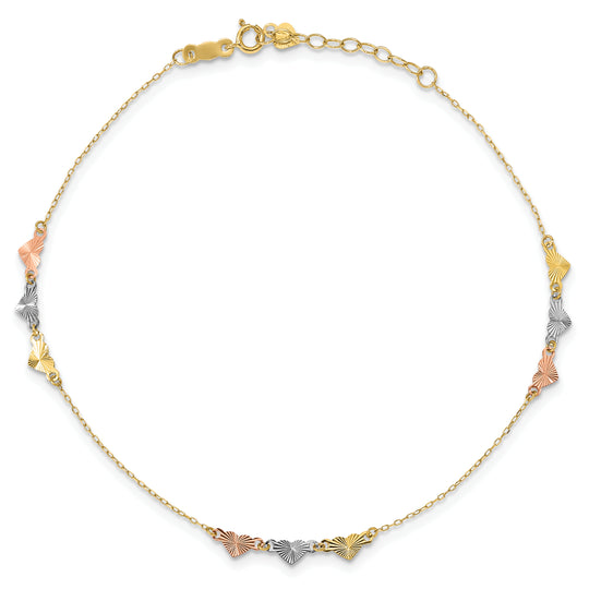 Tobillera de Corazones Tri-Color con Corte Diamante 14K de 9 Pulgadas más 1 Pulgada de Extensión