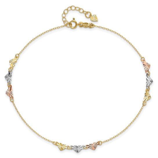 Tobillera de Corazones Tri-Color con Corte Diamante 14K de 9 Pulgadas más 1 Pulgada de Extensión