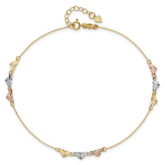 Tobillera de Corazones Tri-Color con Corte Diamante 14K de 9 Pulgadas más 1 Pulgada de Extensión