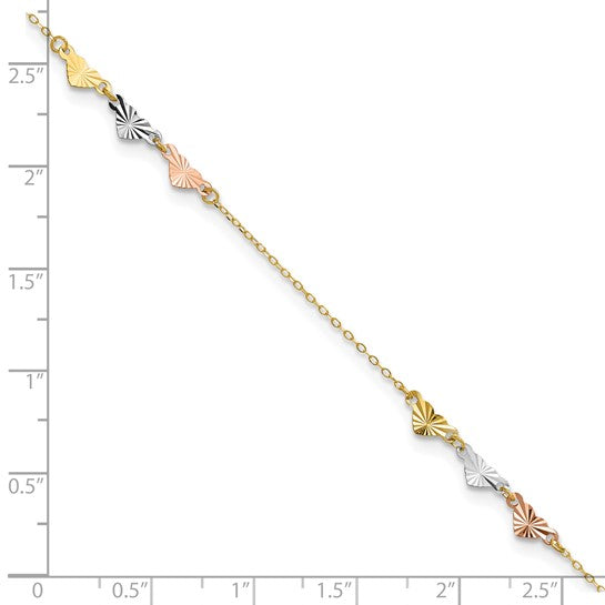 Tobillera de Corazones Tri-Color con Corte Diamante 14K de 9 Pulgadas más 1 Pulgada de Extensión