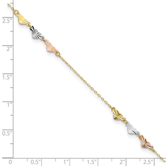 Tobillera de Corazones Tri-Color con Corte Diamante 14K de 9 Pulgadas más 1 Pulgada de Extensión