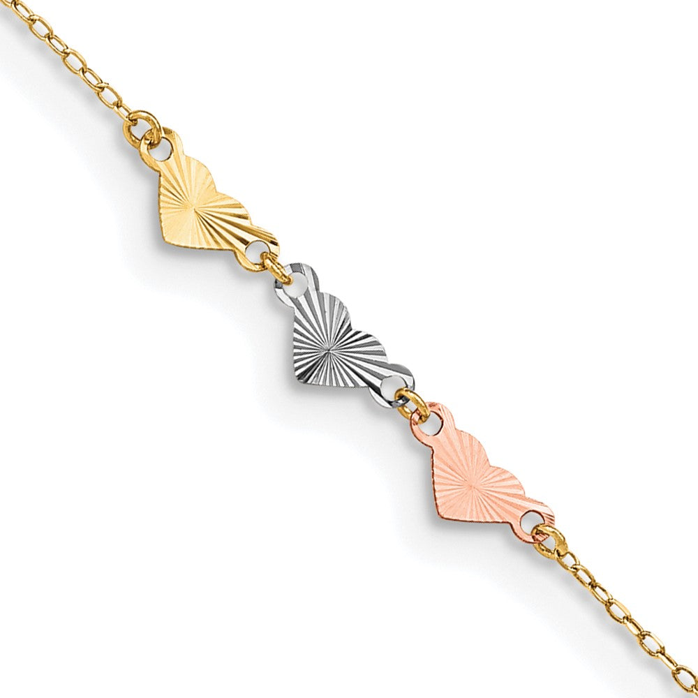 Tobillera de Corazones Tri-Color con Corte Diamante 14K de 9 Pulgadas más 1 Pulgada de Extensión