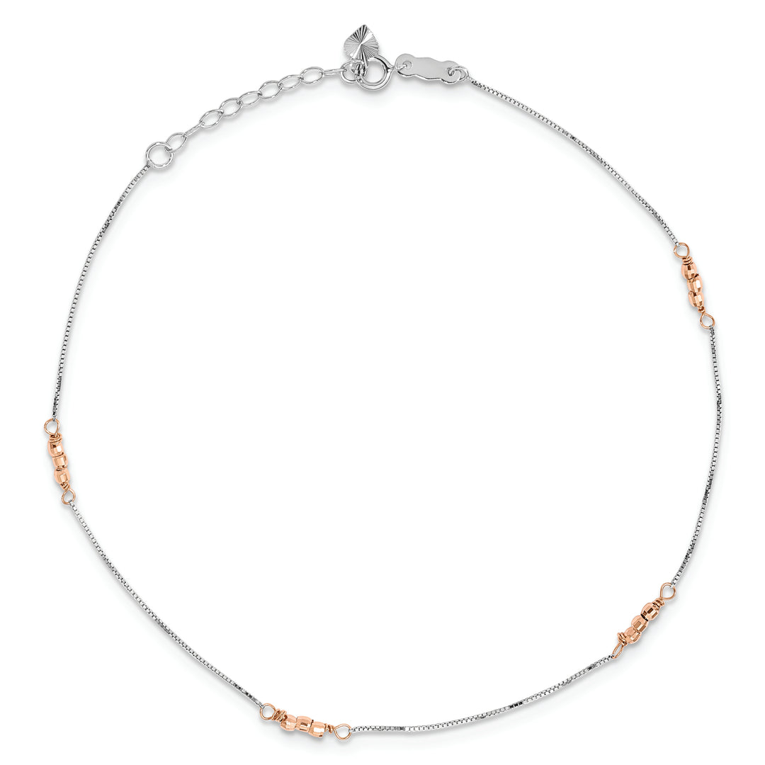 Tobillera de Oro de 14K de Dos Tonos con Cuentas de Espejo de 9 Pulgadas + Extensión de 1 Pulgada