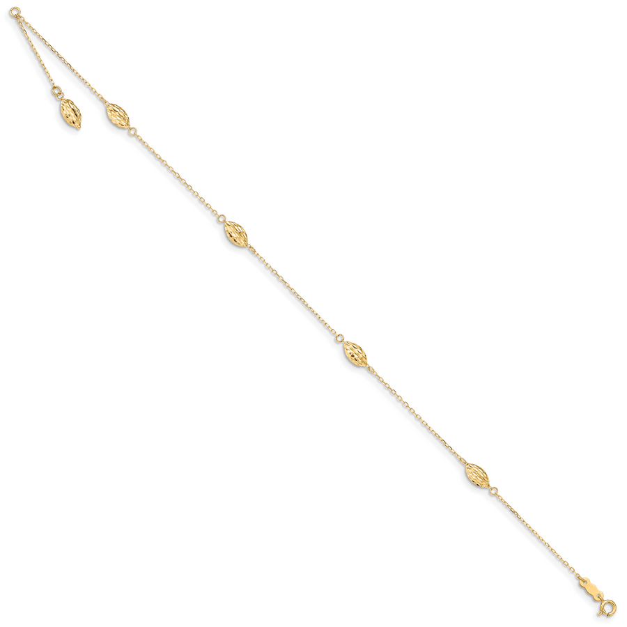 Tobillera de Oro 14K con Cuentas de Arroz Inflado Pulido de 9 Pulgadas + 1 Pulgada de Extensor