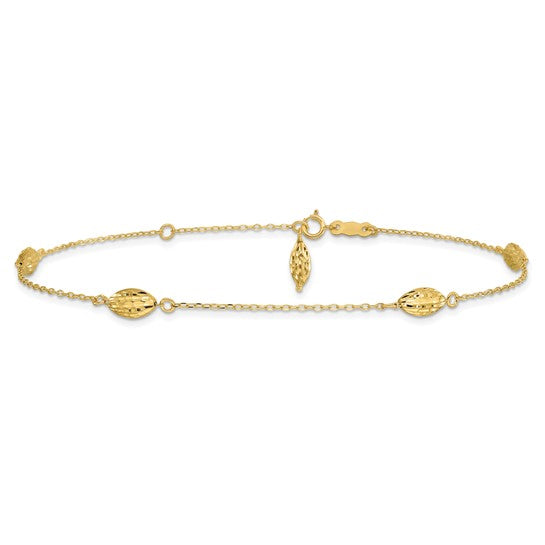 Tobillera de Oro 14K con Cuentas de Arroz Inflado Pulido de 9 Pulgadas + 1 Pulgada de Extensor