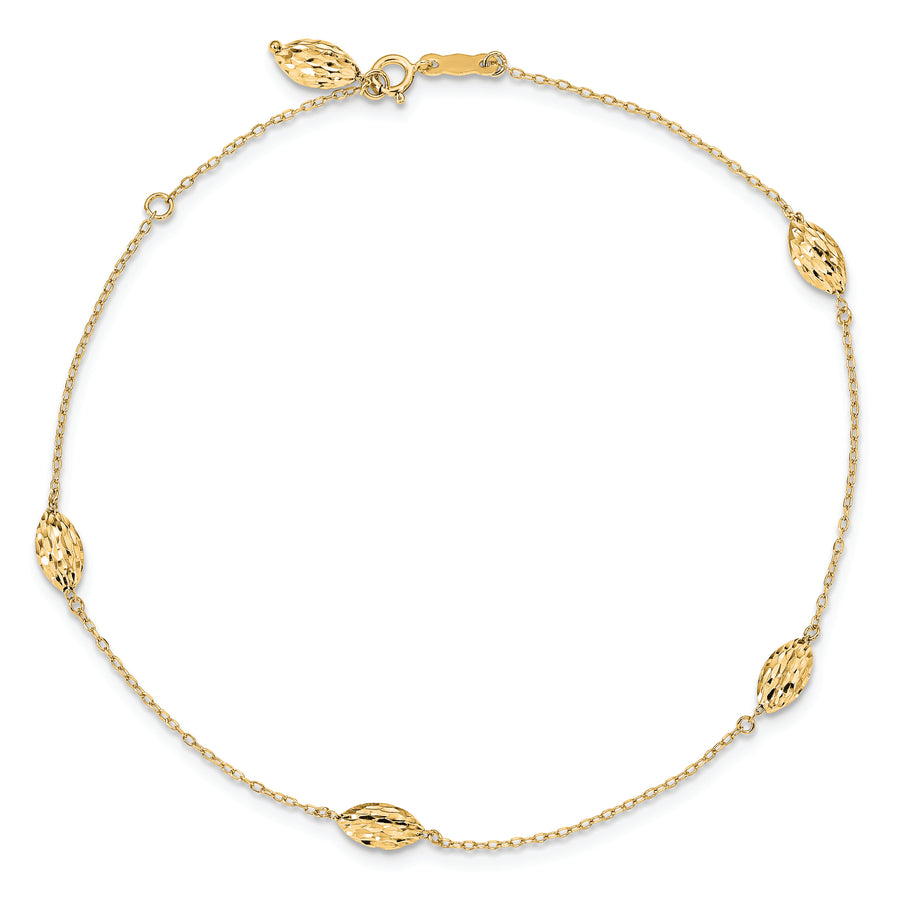 Tobillera de Oro 14K con Cuentas de Arroz Inflado Pulido de 9 Pulgadas + 1 Pulgada de Extensor