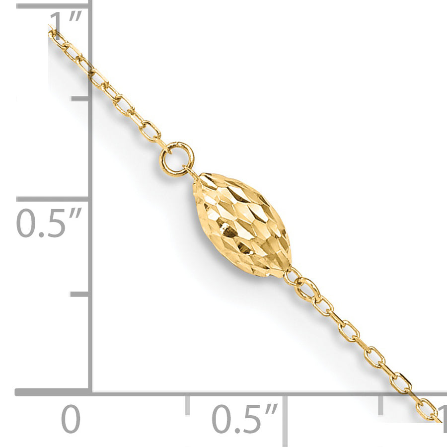 Tobillera de Oro 14K con Cuentas de Arroz Inflado Pulido de 9 Pulgadas + 1 Pulgada de Extensor