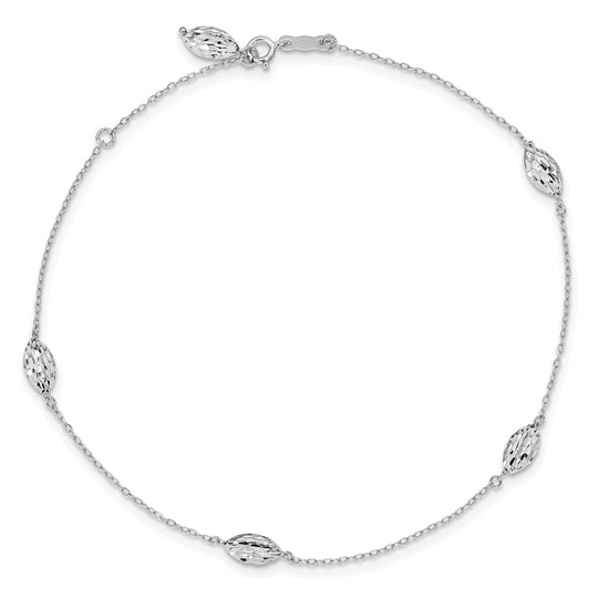 Tobillera 14K Oro Blanco con Esferas de Arroz 9 Pulgadas + 1 Pulgada de Extensión
