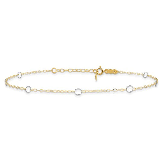 Tobillera 14K  en Oro Bicolor con Círculos 9 Pulgadas y  1 Pulgada de Extensión