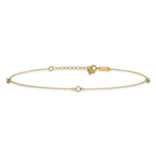 Tobillera de 14K Oro Bicolor con Cuentas de Espejo de 9 Pulgadas más Extensión de 1 Pulgada