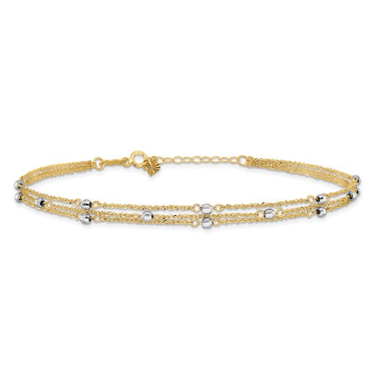 Tobillera de Triple Cadena de 14K Bicolor de 9 Pulgadas + 1 Pulgada de Extensión