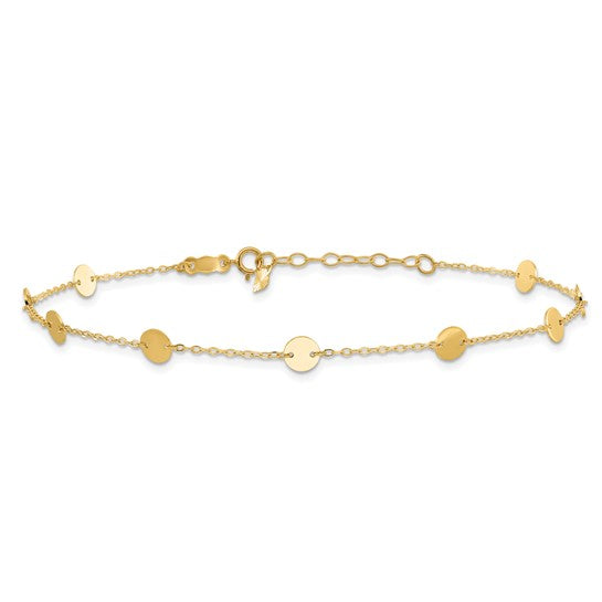 Tobillera de Oro Amarillo de 14K con Discos Pulidos de 9 Pulgadas y Extensión de 1 Pulgada