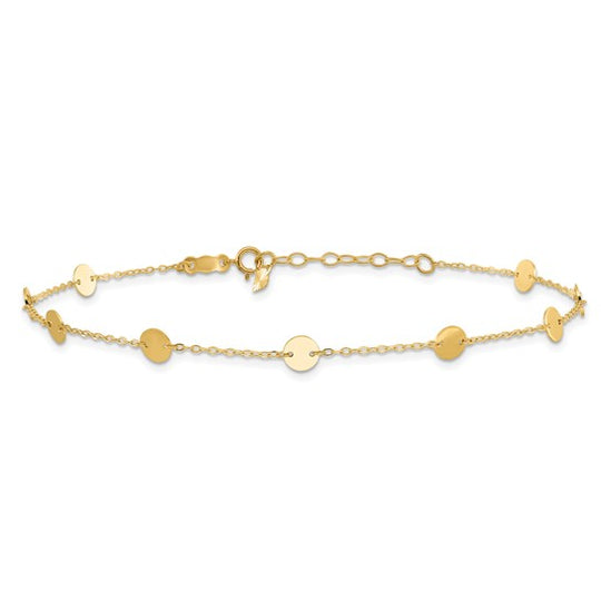 Tobillera de Oro Amarillo de 14K con Discos Pulidos de 9 Pulgadas y Extensión de 1 Pulgada