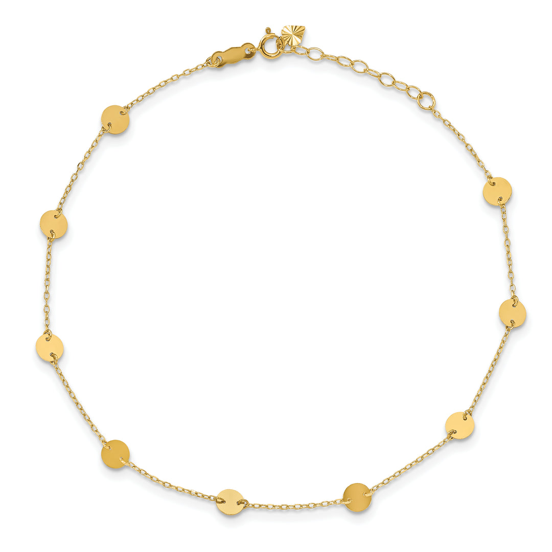 Tobillera de Oro Amarillo de 14K con Discos Pulidos de 9 Pulgadas y Extensión de 1 Pulgada