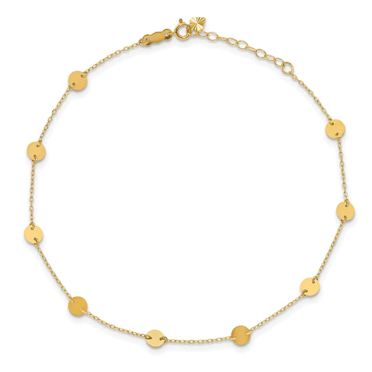 Tobillera de Oro Amarillo de 14K con Discos Pulidos de 9 Pulgadas y Extensión de 1 Pulgada