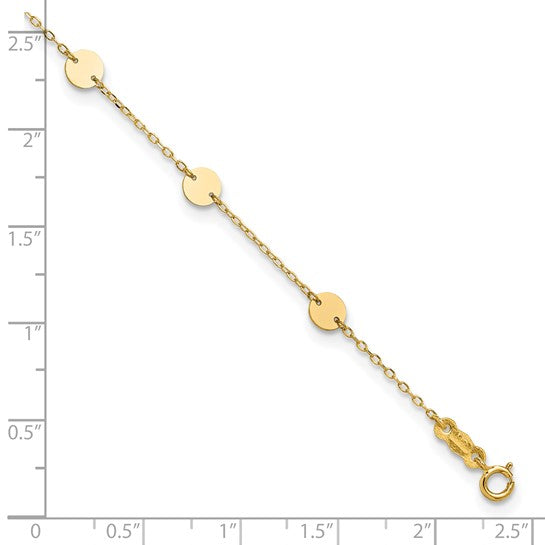 Tobillera de Oro Amarillo de 14K con Discos Pulidos de 9 Pulgadas y Extensión de 1 Pulgada