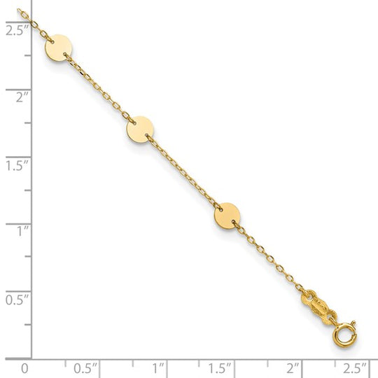 Tobillera de Oro Amarillo de 14K con Discos Pulidos de 9 Pulgadas y Extensión de 1 Pulgada