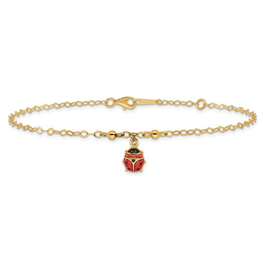Tobillera Ajustable de Mariquita Esmaltada de Oro Amarillo de 14K de 9 Pulgadas + Extensión de 1 Pulgada