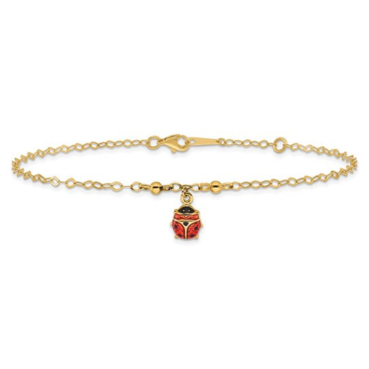Tobillera Ajustable de Mariquita Esmaltada de Oro Amarillo de 14K de 9 Pulgadas + Extensión de 1 Pulgada