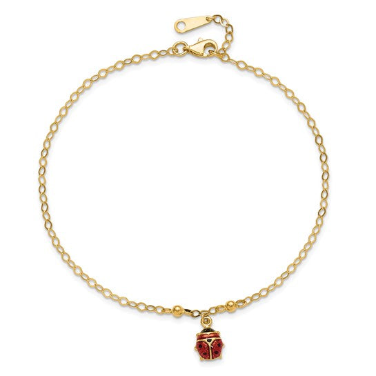 Tobillera Ajustable de Mariquita Esmaltada de Oro Amarillo de 14K de 9 Pulgadas + Extensión de 1 Pulgada