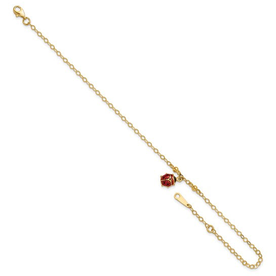 Tobillera Ajustable de Mariquita Esmaltada de Oro Amarillo de 14K de 9 Pulgadas + Extensión de 1 Pulgada