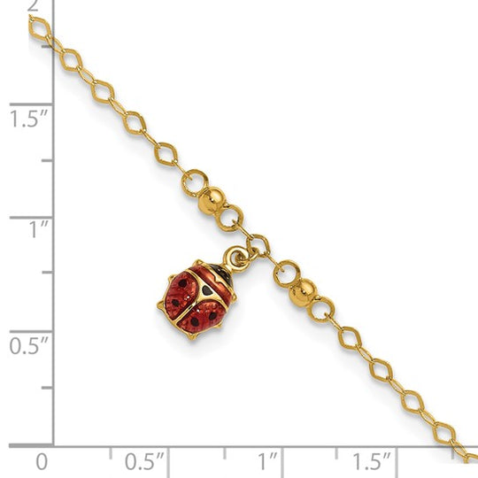 Tobillera Ajustable de Mariquita Esmaltada de Oro Amarillo de 14K de 9 Pulgadas + Extensión de 1 Pulgada