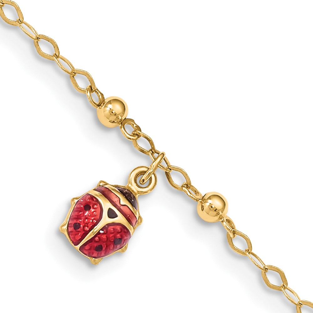 Tobillera Ajustable de Mariquita Esmaltada de Oro Amarillo de 14K de 9 Pulgadas + Extensión de 1 Pulgada