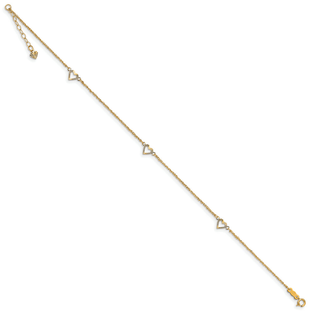 Tobillera de Corazones Cortados en 14K con Extensor de 1 Pulgada
