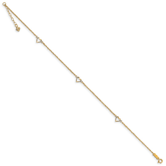 Tobillera de Corazones Cortados en 14K con Extensor de 1 Pulgada