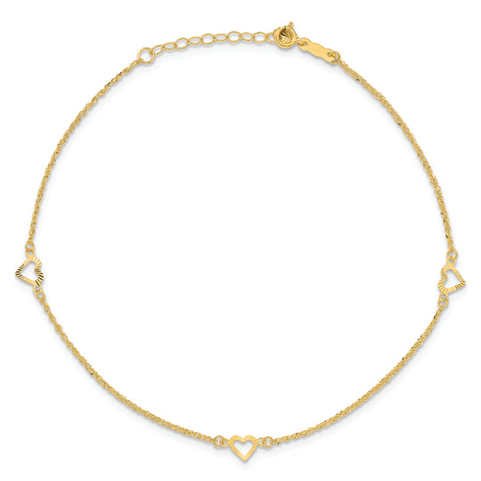 Tobillera de Corazones Cortados en 14K con Extensor de 1 Pulgada