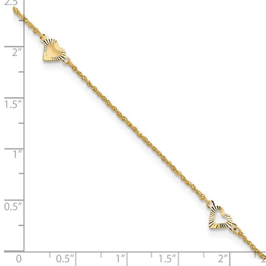 Tobillera de Corazones Cortados en 14K con Extensor de 1 Pulgada