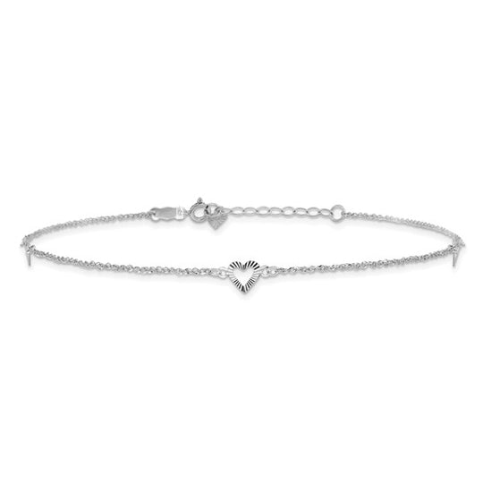 Tobillera en Oro Blanco de 14k con Corazones de Talla Diamante de 9 Pulgadas más, 1 de ext.