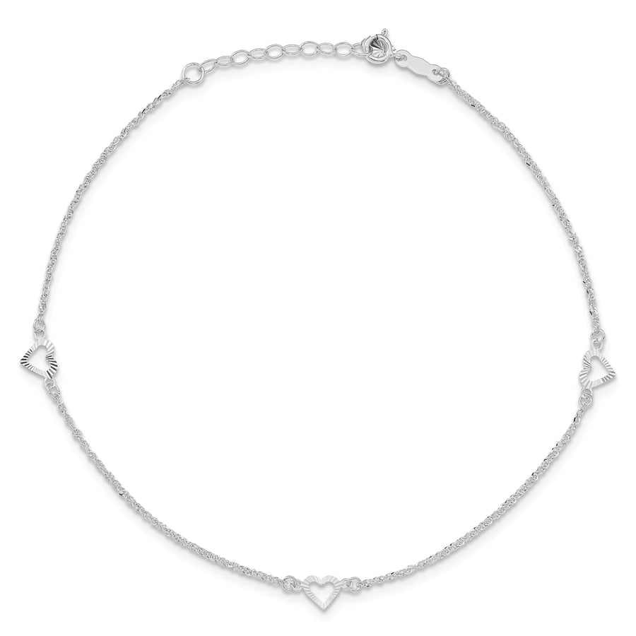 Tobillera en Oro Blanco de 14k con Corazones de Talla Diamante de 9 Pulgadas más, 1 de ext.