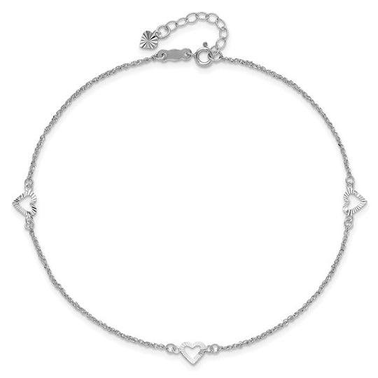 Tobillera en Oro Blanco de 14k con Corazones de Talla Diamante de 9 Pulgadas más, 1 de ext.