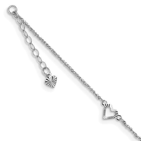 Tobillera en Oro Blanco de 14k con Corazones de Talla Diamante de 9 Pulgadas más, 1 de ext.