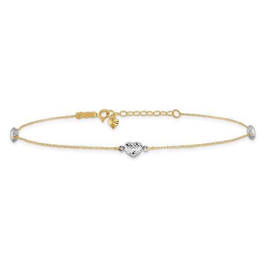 Tobillera de Corazón Abombado Bicolor de 14K de 10 Pulgadas + Extensión de 1 Pulgada