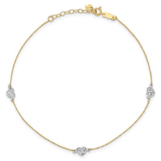 Tobillera de Corazón 14K Bicolor con 1 Pulgada de Extensión