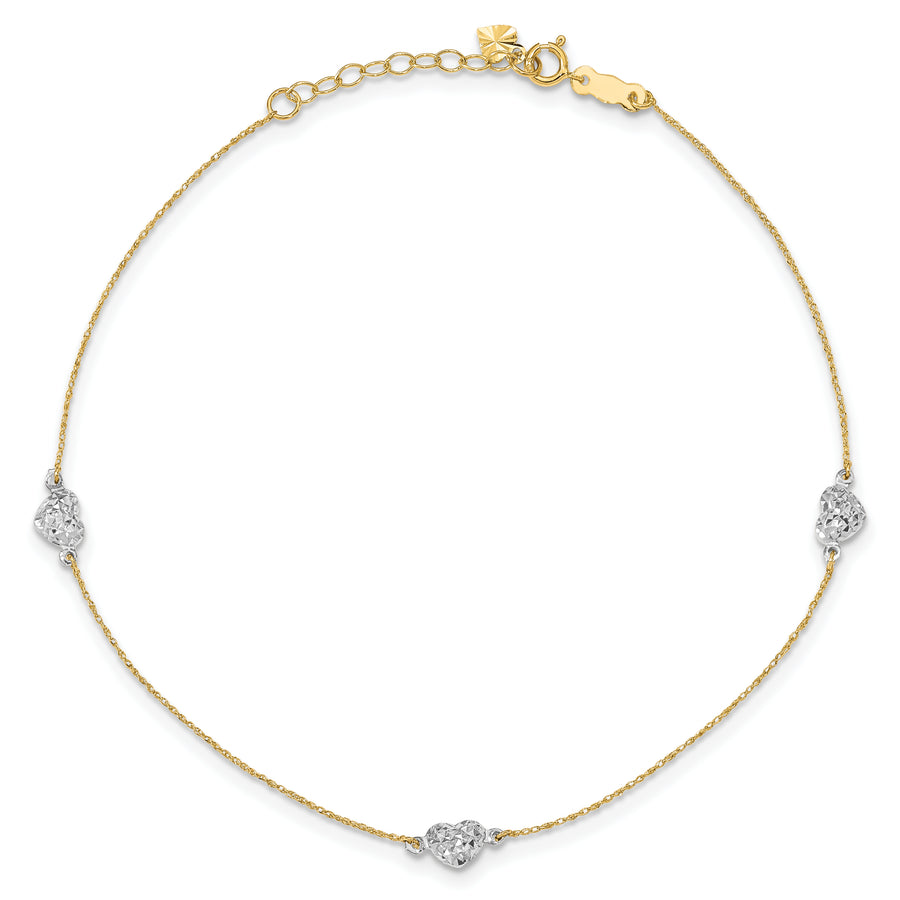 Tobillera de Corazón 14K Bicolor con 1 Pulgada de Extensión