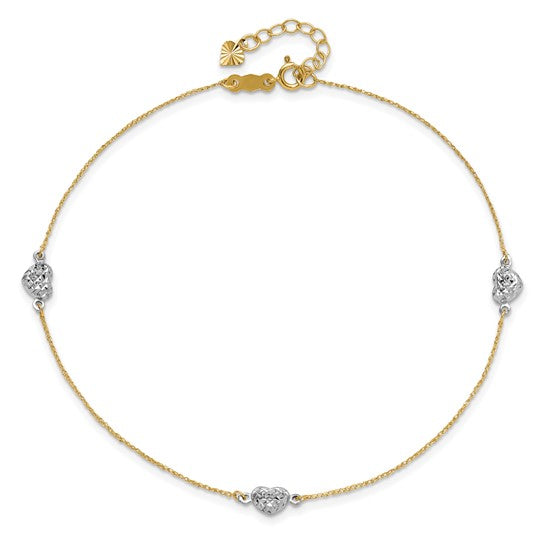 Tobillera de Corazón Abombado Bicolor de 14K de 10 Pulgadas + Extensión de 1 Pulgada