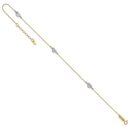 Tobillera de Corazón Abombado Bicolor de 14K de 10 Pulgadas + Extensión de 1 Pulgada