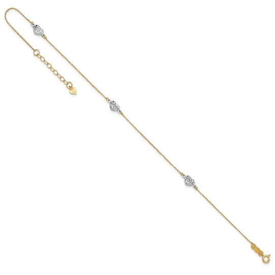 Tobillera de Corazón Abombado Bicolor de 14K de 10 Pulgadas + Extensión de 1 Pulgada