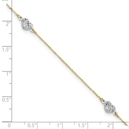 Tobillera de Corazón Abombado Bicolor de 14K de 10 Pulgadas + Extensión de 1 Pulgada