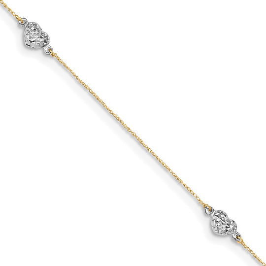 Tobillera de Corazón 14K Bicolor con 1 Pulgada de Extensión