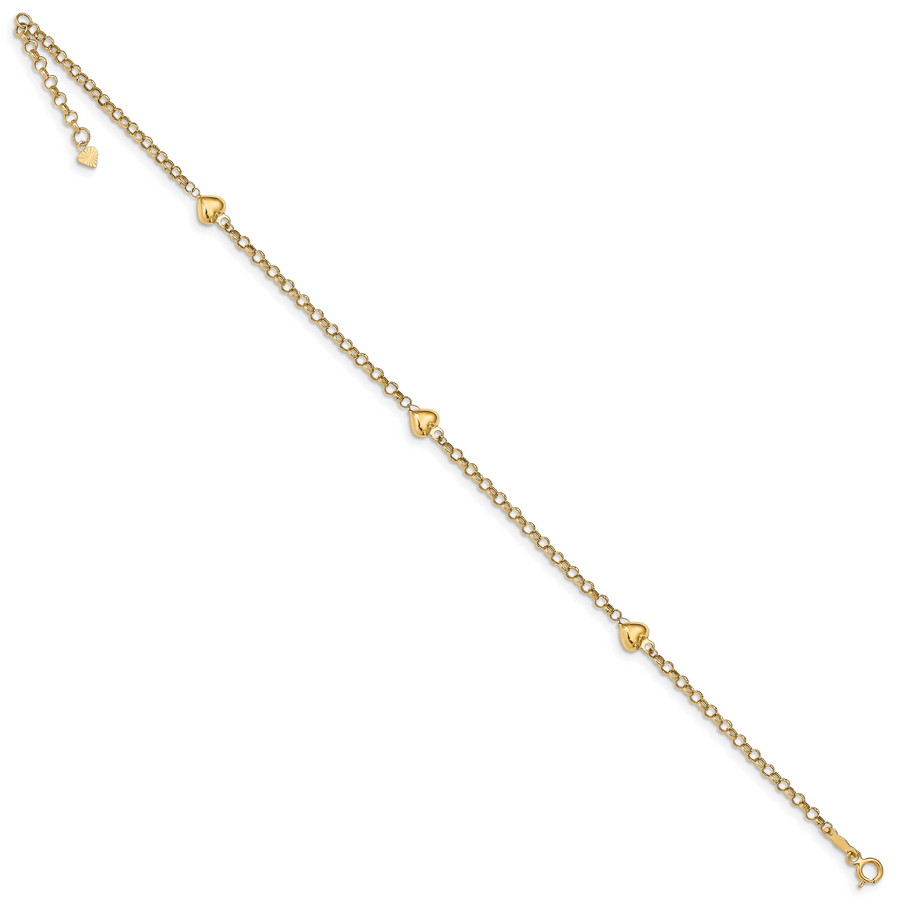 Tobillera de Corazón Puff de Oro Amarillo de 14K de 10 Pulgadas