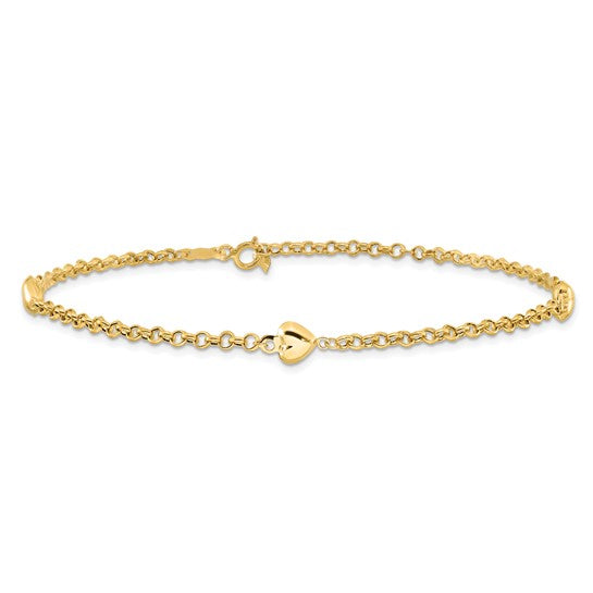 Tobillera de Corazón Puff de Oro Amarillo de 14K de 10 Pulgadas