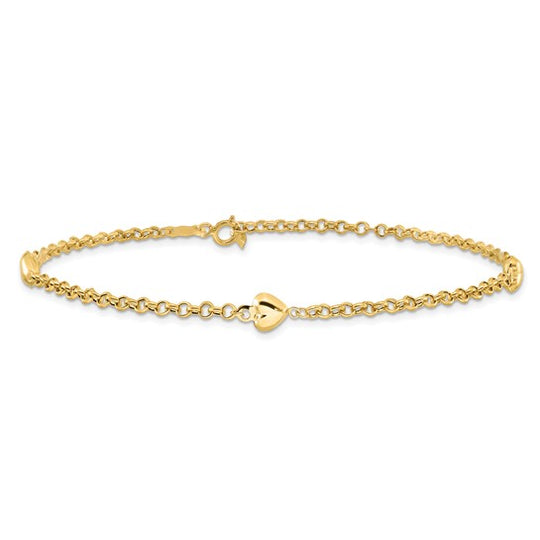 Tobillera de Corazón Puff de Oro Amarillo de 14K de 10 Pulgadas